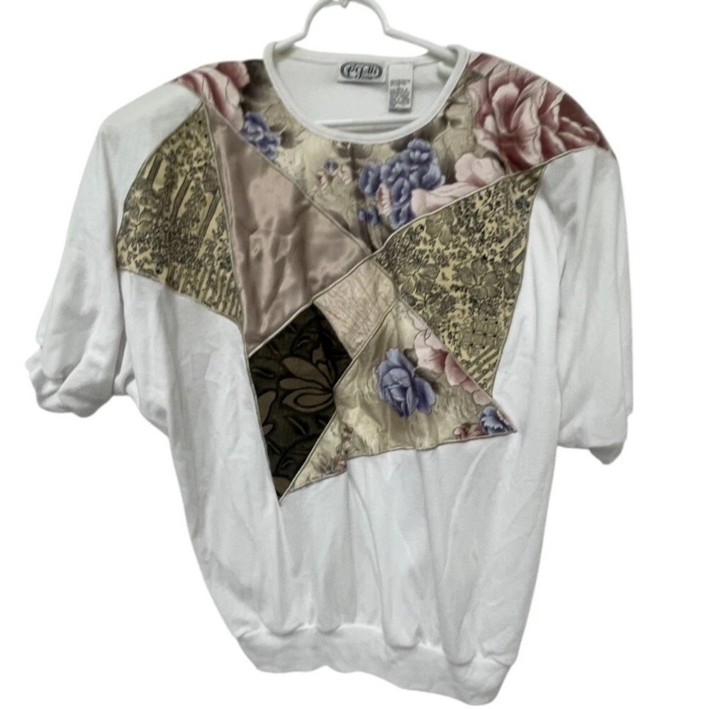 P'Galli White Floral Patchwork Short Sleeve T-Shirt Womens Size L Stretch NWD